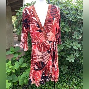 Farm Rio for anthropologie Tropical Print V-Neck wrap dress Size S